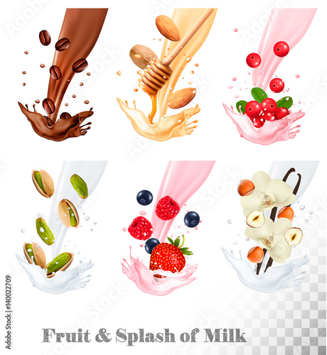 Big collection icons of fruit in a milk splash. Coffee, nuts, cranberry, raspberry, strawberry, almond, blueberry, honey, vanilla. Vector Set