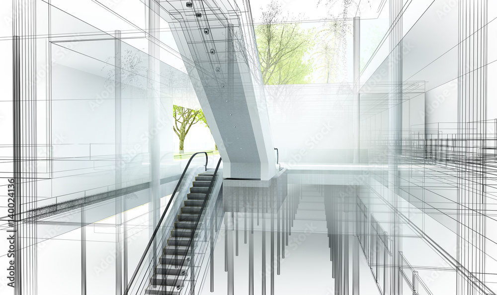 Fototapeta premium sketch design of interior hall, 3d rendering