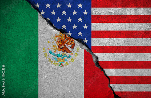 mexico flag on broken brick wall and half usa united states of america flag, crisis trump president and mexican for construction the separation wall on the border