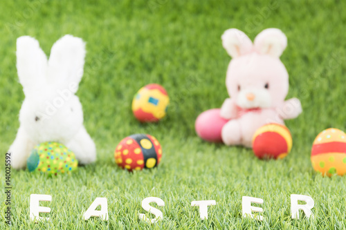 Bunny toys and Easter eggs with text
