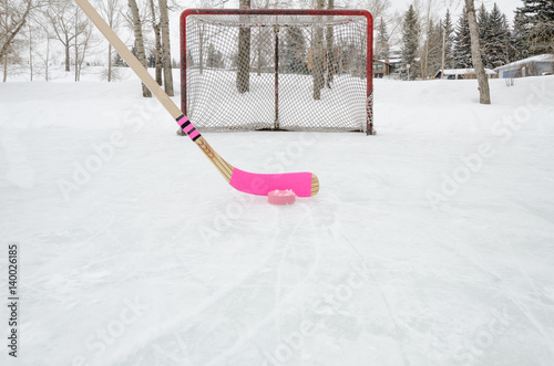 Canvas Print Pink hockey stick outdoor rink on a snowy day