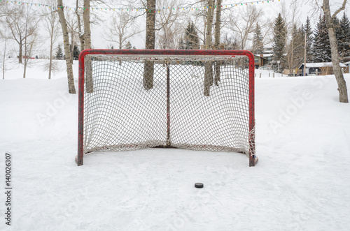 Hockey net with black hockey puck outdoor rink