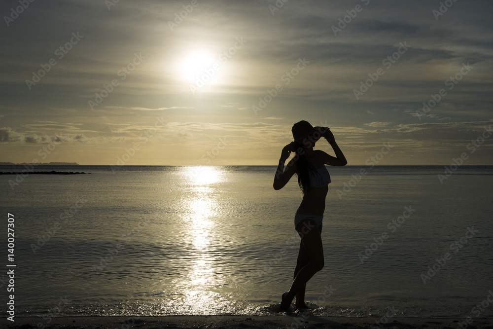 夕暮れのビーチと女性のシルエット