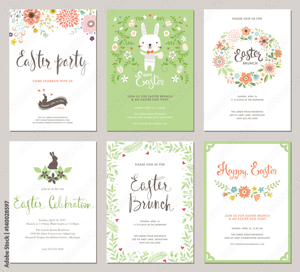 Fototapeta premium Easter Party Invitations and Greeting Cards with eggs, flowers, floral wreath, rabbit and typographic design on the textured background.&nbsp;Vector&nbsp;templates set.