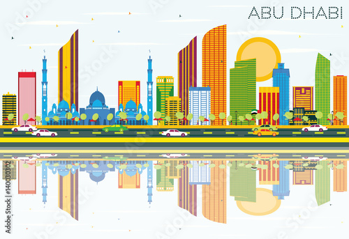 Abu Dhabi Skyline with Color Buildings, Blue Sky and Reflections.