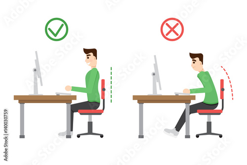Incorrect and correct  spine sitting posture. Office health infographic.