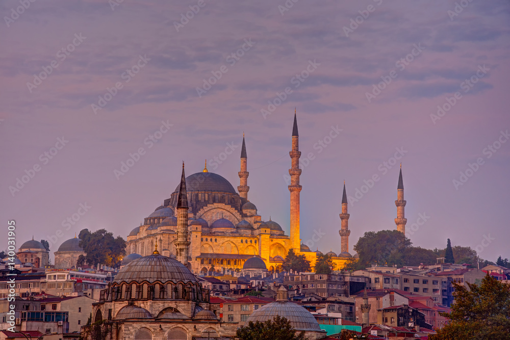 The famous Suleymaniye Mosque in Istanbul, Turkey, before sunrise