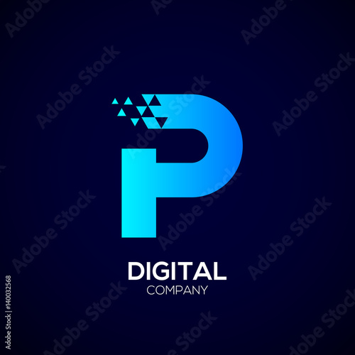 Letter P Pixel logo, Triangle,Blue color,Technology and digital logotype
