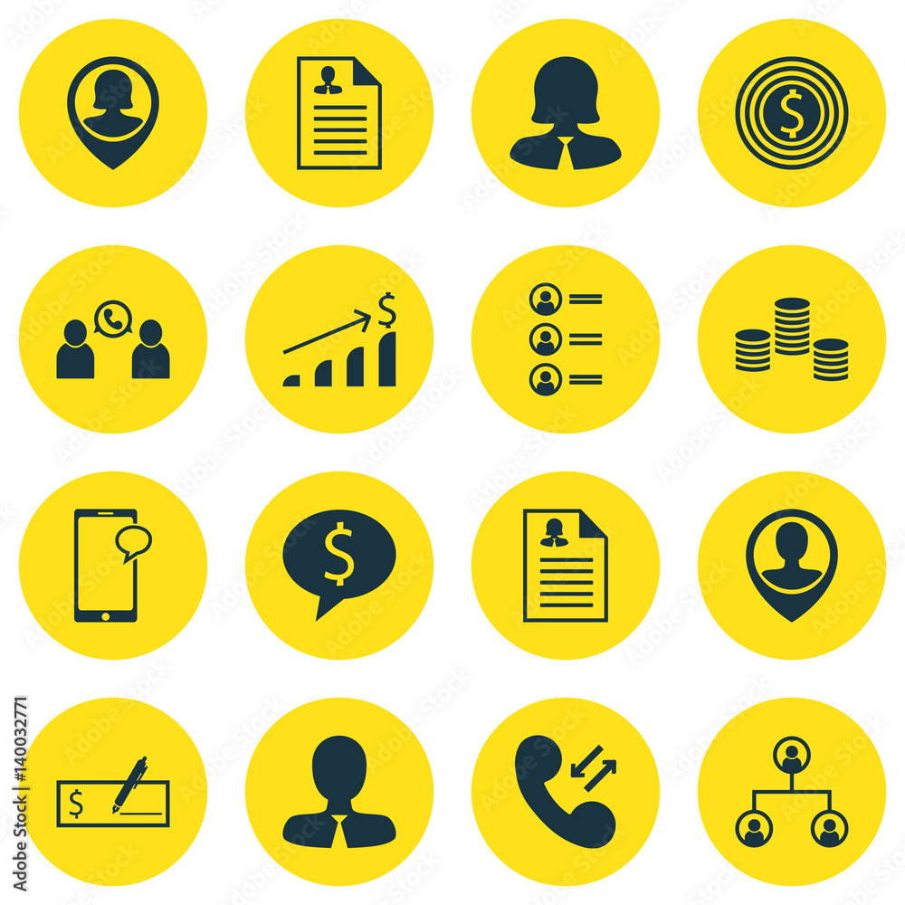Set Of 16 Management Icons. Includes Successful Investment, Curriculum