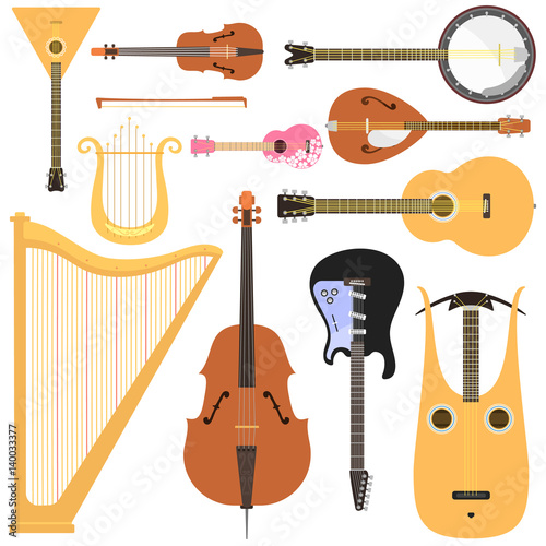 Stringed musical instruments set classical orchestra art sound tool and acoustic symphony stringed fiddle wooden equipment vector illustration