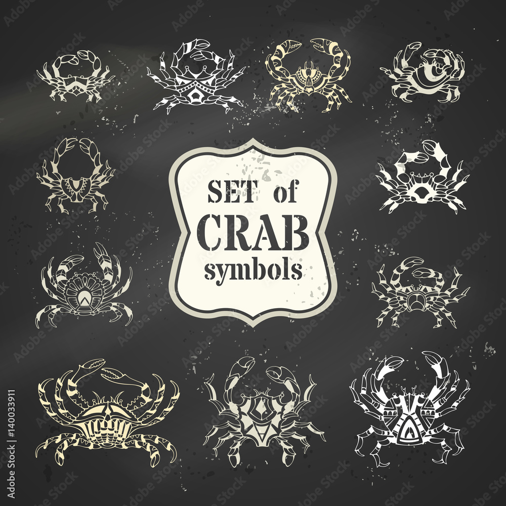 Vector set of chalk hand-drawn crabs.