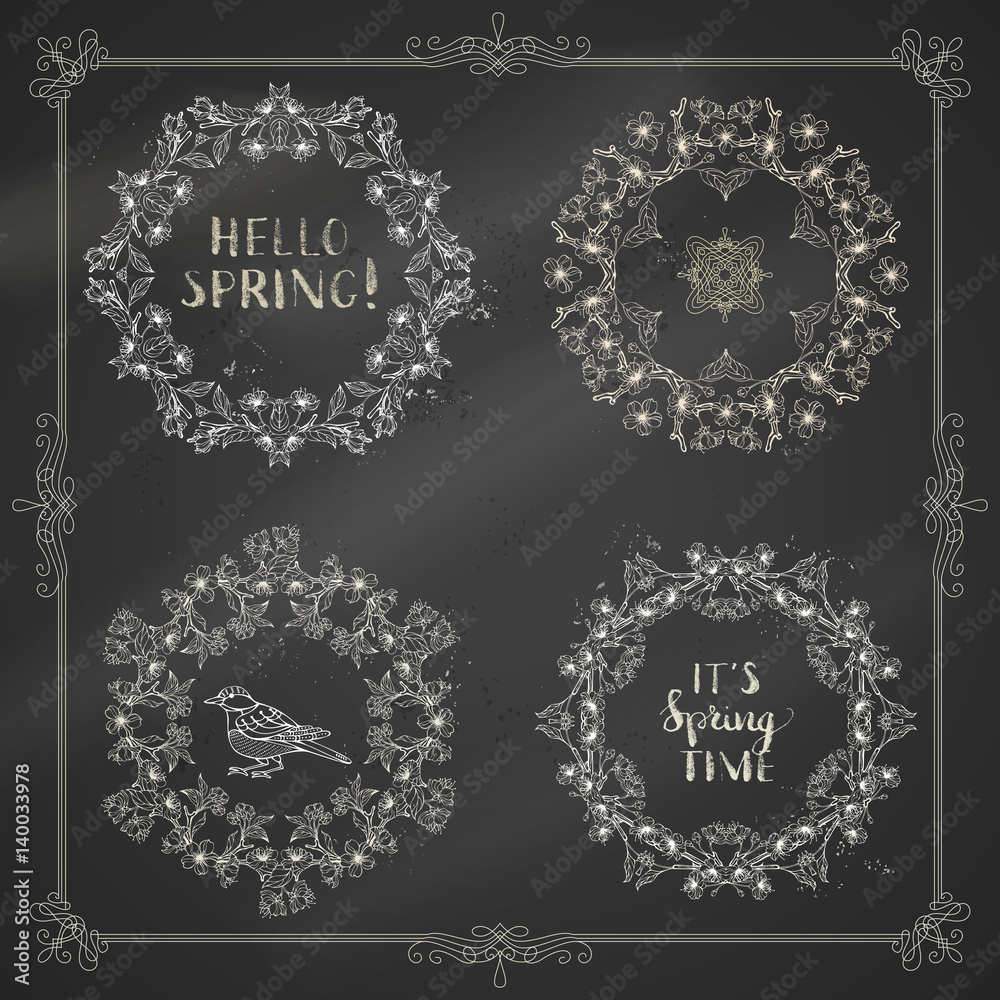 Vector set of chalk spring frames and ornaments.