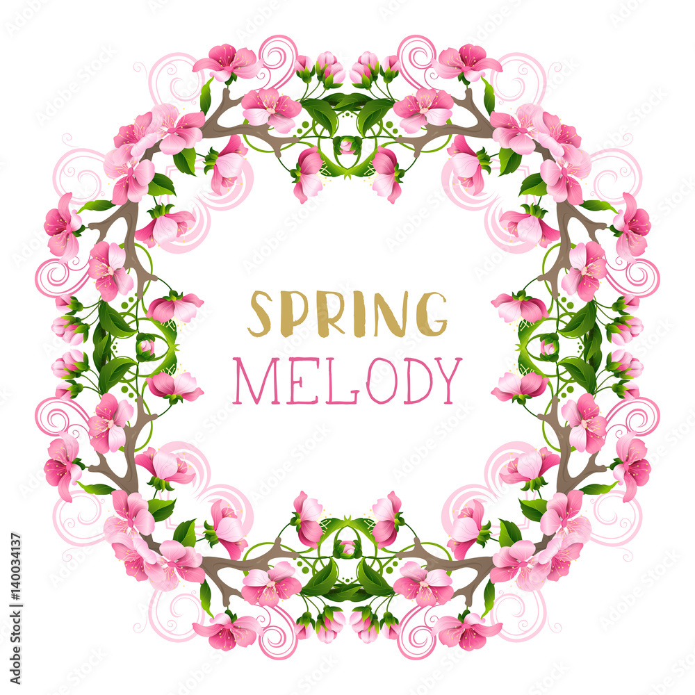 Vector frame of spring cherry blossoms.