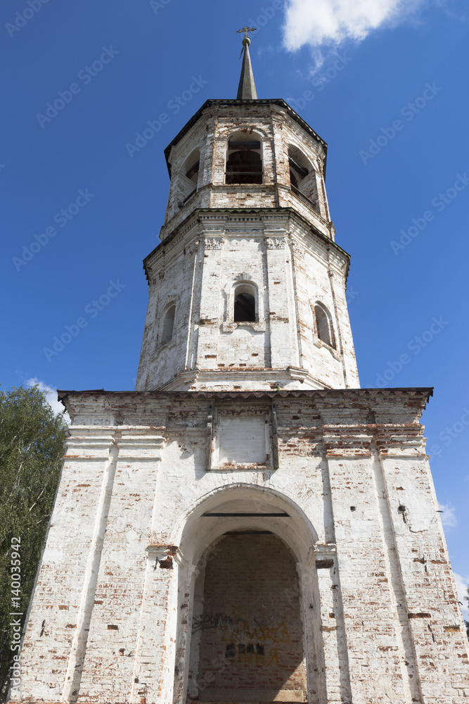 Belltower of the abandoned church of Elijah the Prophet in Veliky Ustyug, Vologda region, Russia