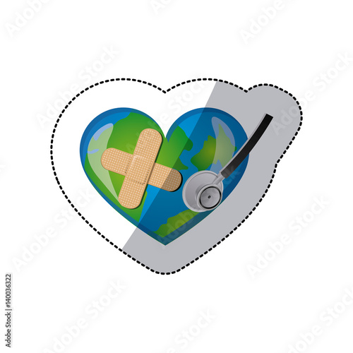 background sticker of planet earth in shape of heart with adhesive bandage and stethoscope vector illustration