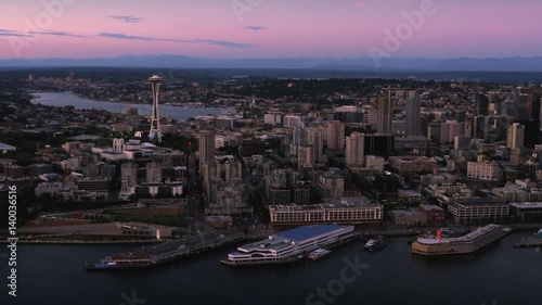 Seattle shoreline aerial shot of area near Space Needle after sunset