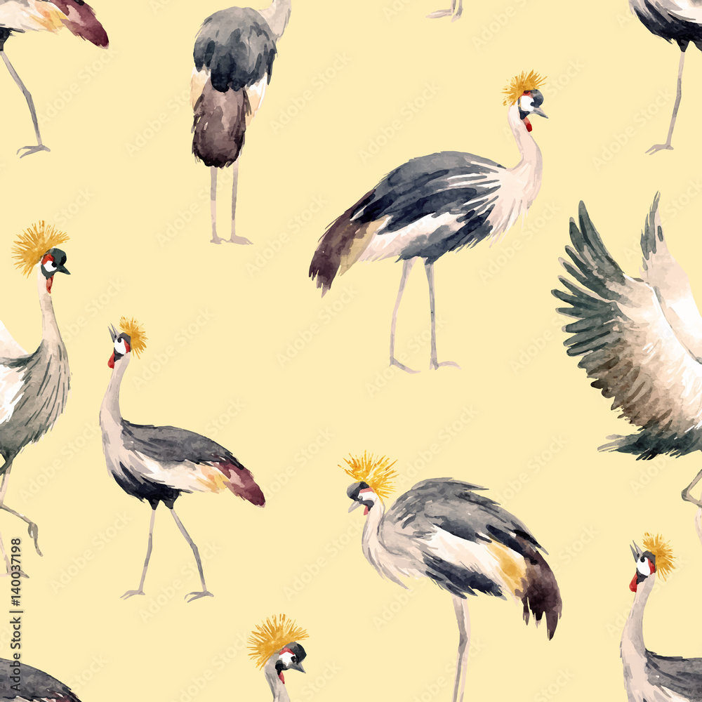 Fototapeta premium Watercolor vector african crane pattern