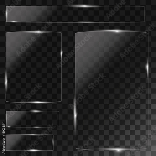Glass plates set. Vector glass banners on transparent background.