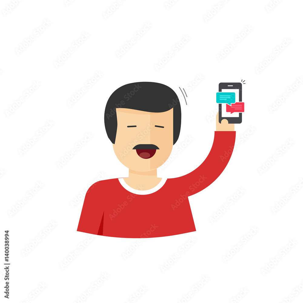 Happy man smiling with hand up holding smartphone vector illustration, flat style cartoon joyful character showing mobile phone, success achievement or some news