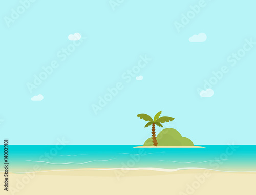 Sea island horizon view from sand beach vector illustration, flat style coast landscape, tropical palm on island far from shore