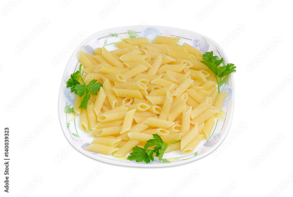 Cooked cylinder-shaped pasta with parsley twigs on a dish Cooked cylinder-shaped pasta with parsley twigs on a dish