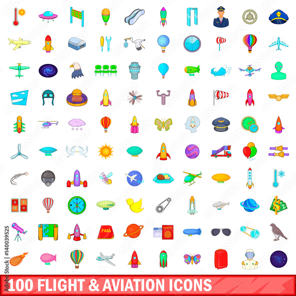 100 flight and aviation icons set, cartoon style 100 flight and aviation icons set, cartoon style