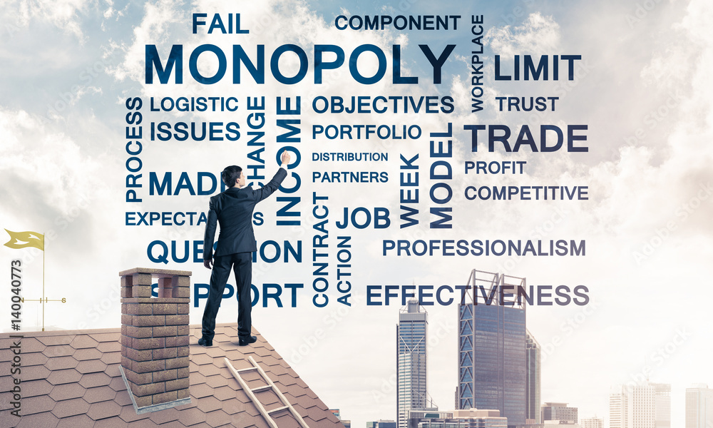 Young businessman standing on house roof and writing leadership Young businessman standing on house roof and writing leadership