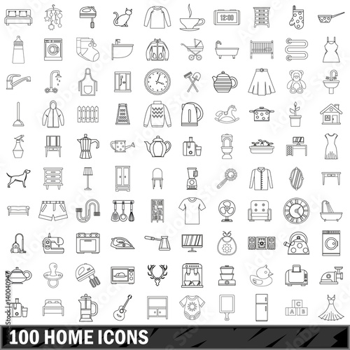 100 home icons set, outline style