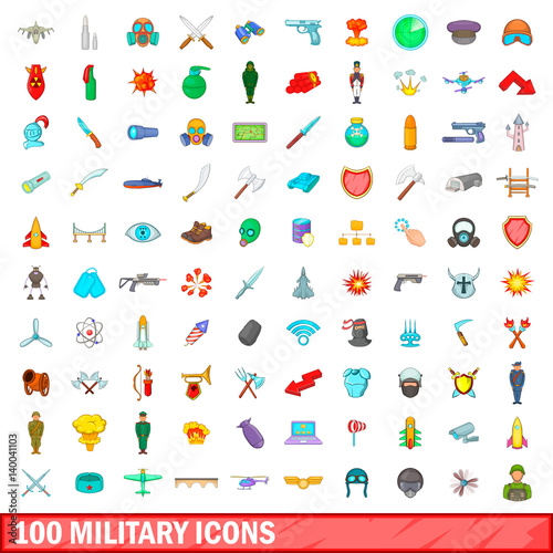 100 military icons set, cartoon style