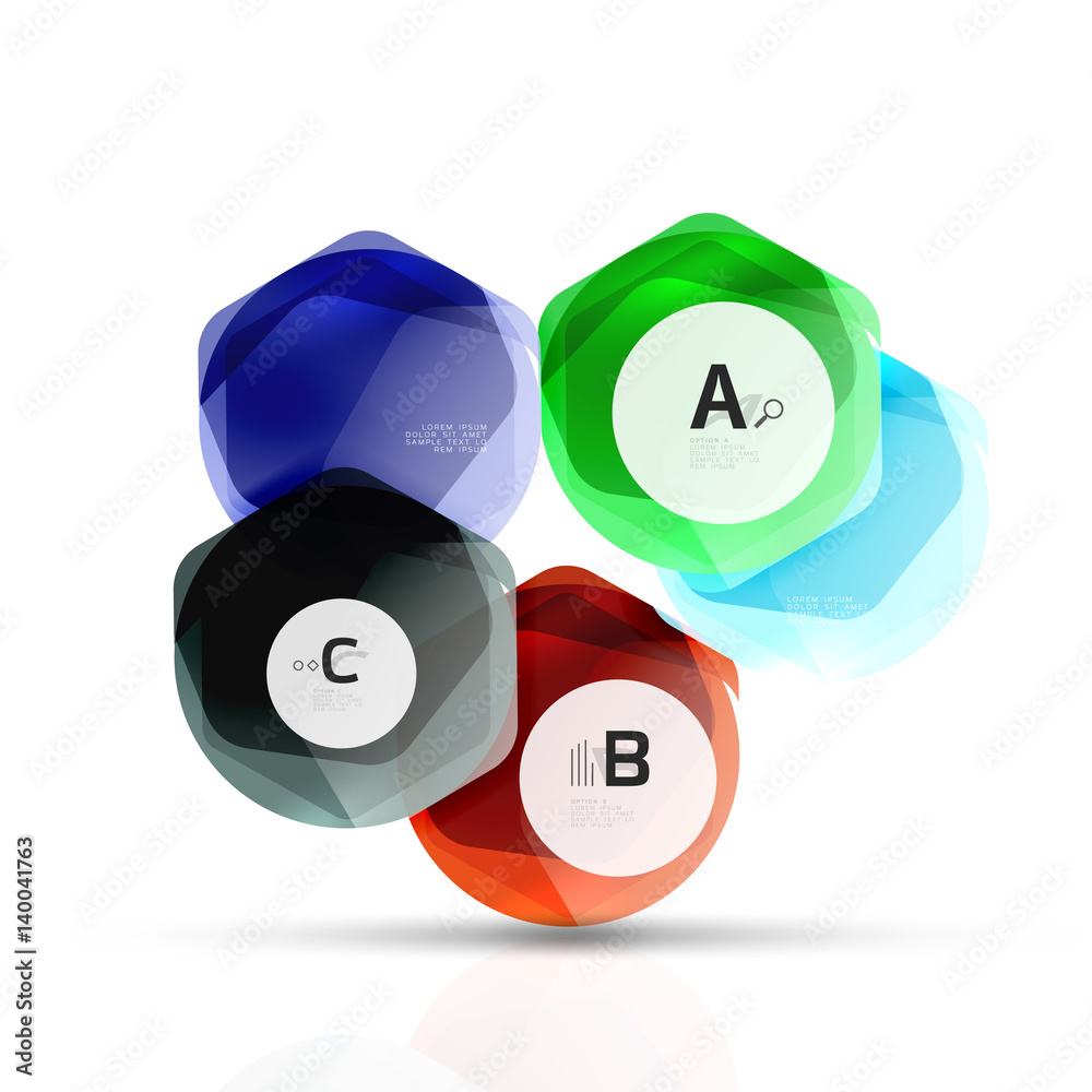Glass color hexagons. Glossy plastic hexagon design with text Glass color hexagons. Glossy plastic hexagon design with text