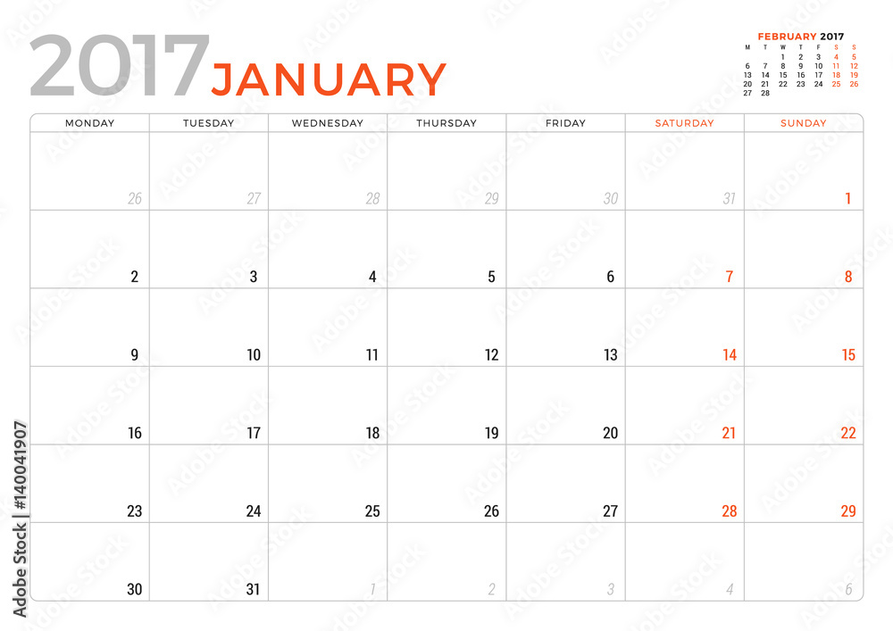 Calendar Planner for January 2017 Year. Vector Design Template. Week Starts Monday. Stationery Design Calendar Planner for January 2017 Year. Vector Design Template. Week Starts Monday. Stationery Design