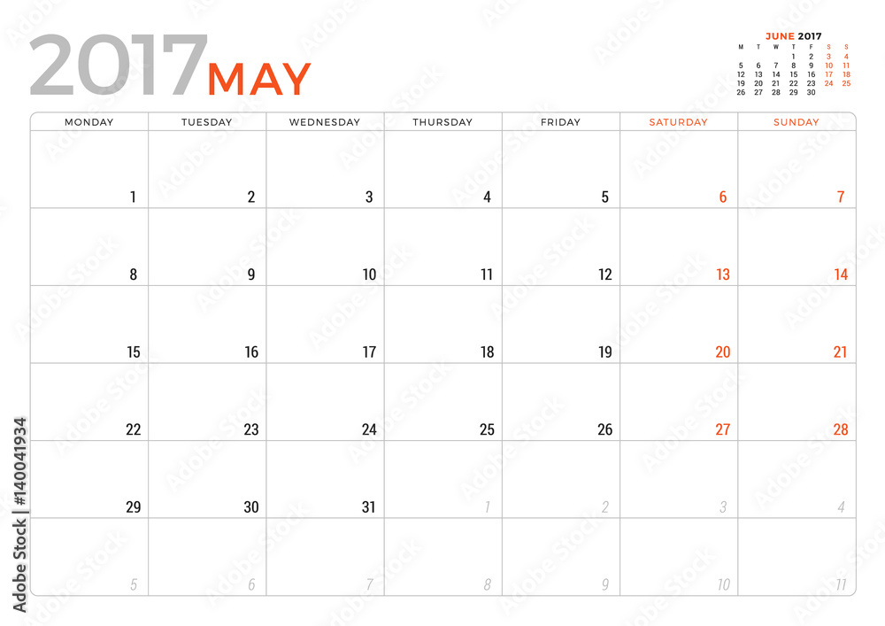 Calendar Planner for May 2017 Year. Vector Design Template. Week Starts Monday. Stationery Design