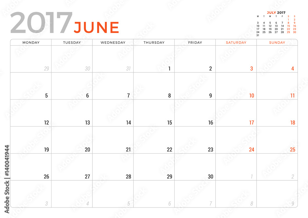 Calendar Planner for June 2017 Year. Vector Design Template. Week Starts Monday. Stationery Design Calendar Planner for June 2017 Year. Vector Design Template. Week Starts Monday. Stationery Design
