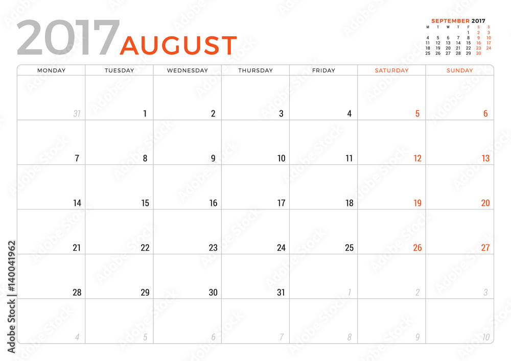 Calendar Planner for August 2017 Year. Vector Design Template. Week Starts Monday. Stationery Design Calendar Planner for August 2017 Year. Vector Design Template. Week Starts Monday. Stationery Design