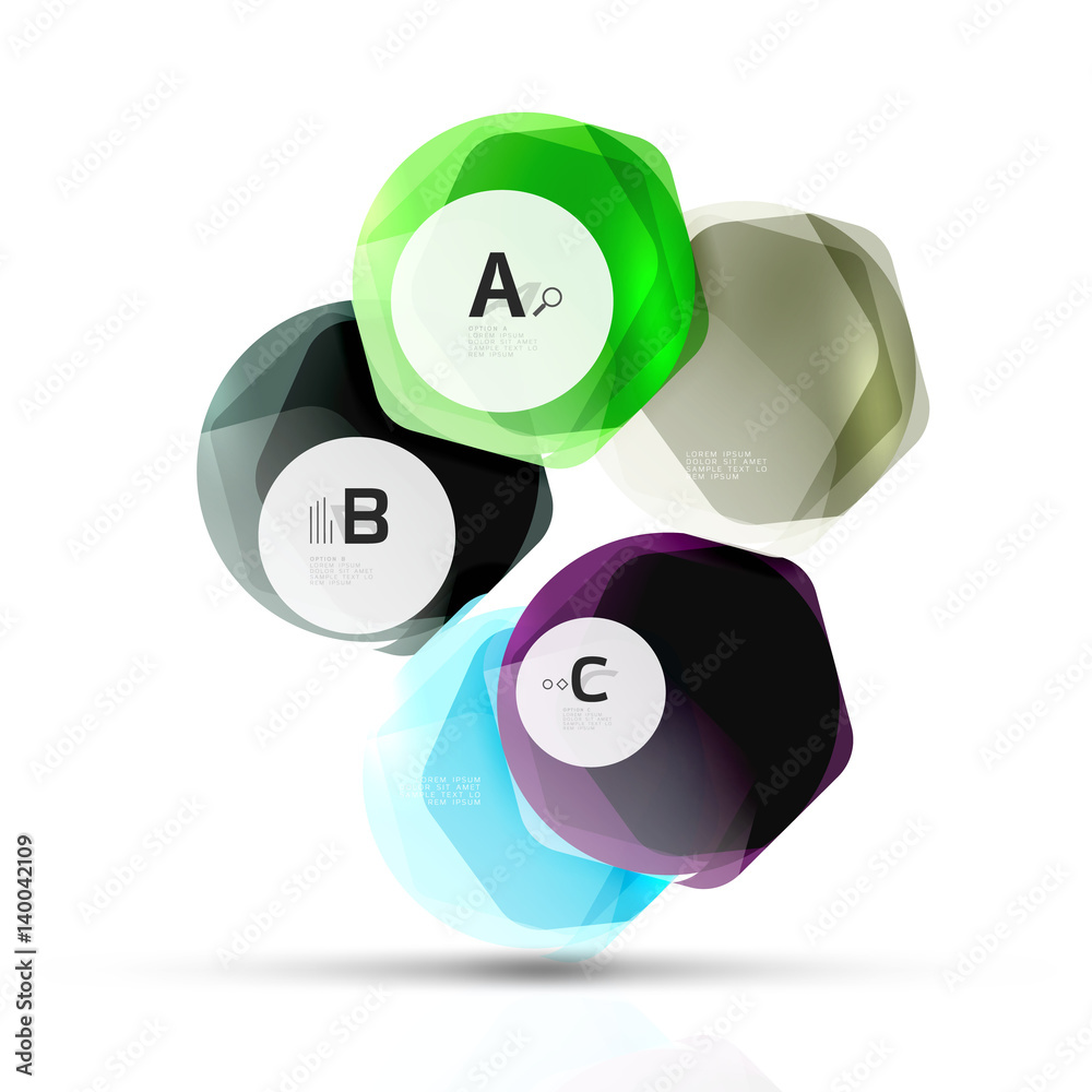 Glass color hexagons. Glossy plastic hexagon design with text Glass color hexagons. Glossy plastic hexagon design with text