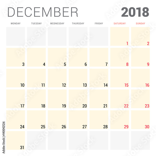 2018 calendar planner vector design template. December. Week starts on Monday. Stationery design