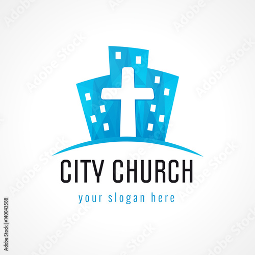 City church vector logo. Downtown block houses, crucifix, christian colored icon. Religious symbol.