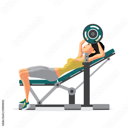 Young woman with barbell flexing muscles in gym. Flat cartoon is