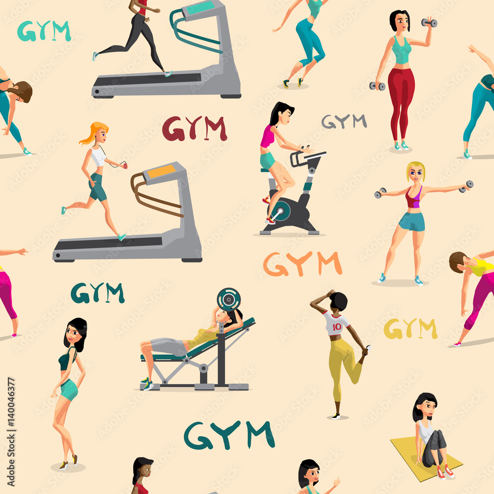 Seamless pattern women doing fitness exercises in the gym. Carto