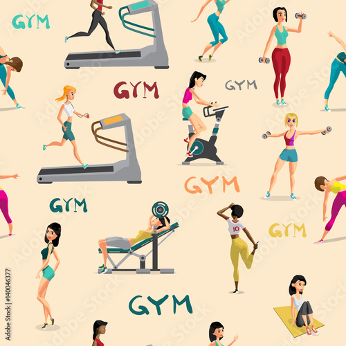 Seamless pattern women doing fitness exercises in the gym. Carto