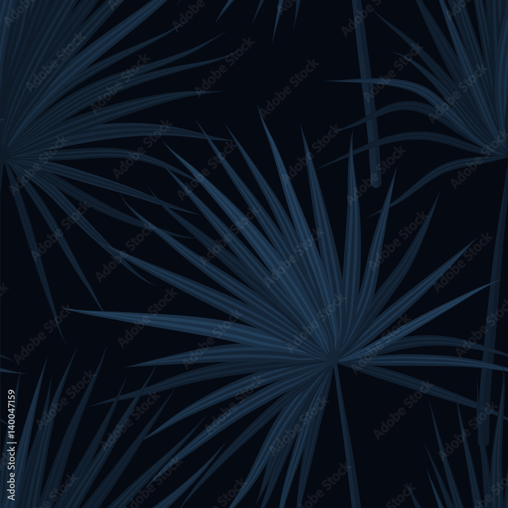 Fototapeta premium Dark blue denim floral pattern with exotic plants and palm leaves. Seamless vector fabric design.