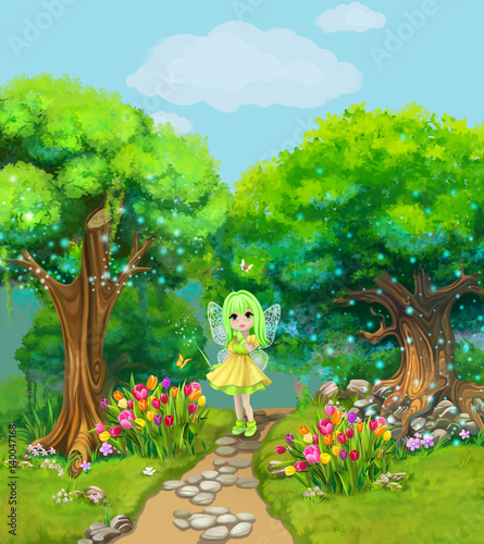 Fairy walking on a path through the magical forest. Illustration for children.