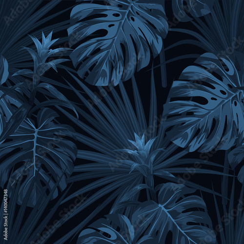 Exotic tropical background with hawaiian plants and flowers. Seamless vector indigo pattern with monstera and sabal palm leaves, guzmania flowers.