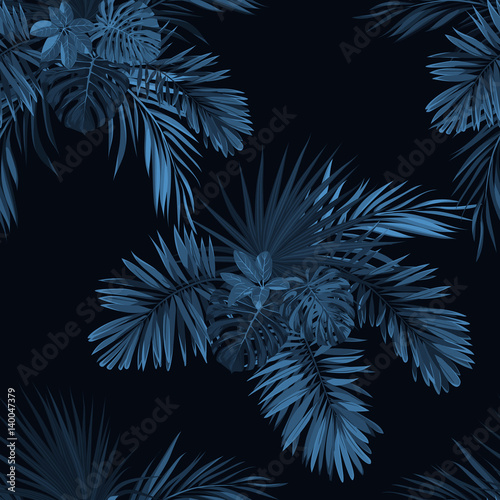 Blue indigo tropical pattern with jungle plants. Seamless tropical fabric design with phoenix palm leaves.