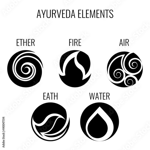 Ayurveda vector elements and doshas icons isolated on white