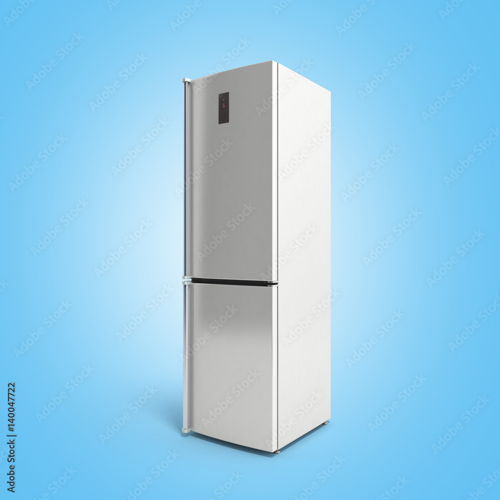 Stainless steel modern refrigerator 3d illustration on blue
