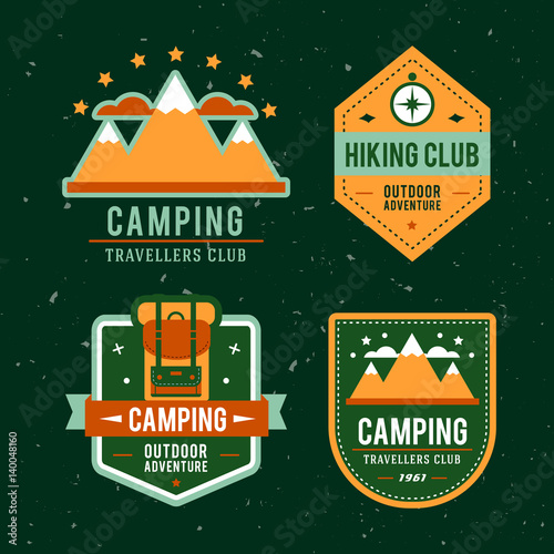 Camping flat set with hiking equipment vector logo