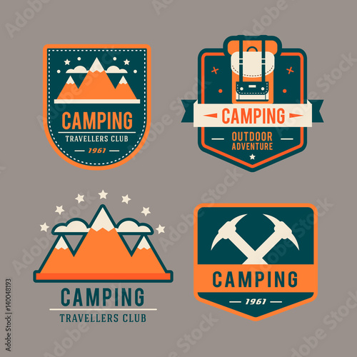 Camping flat set with hiking equipment vector logo