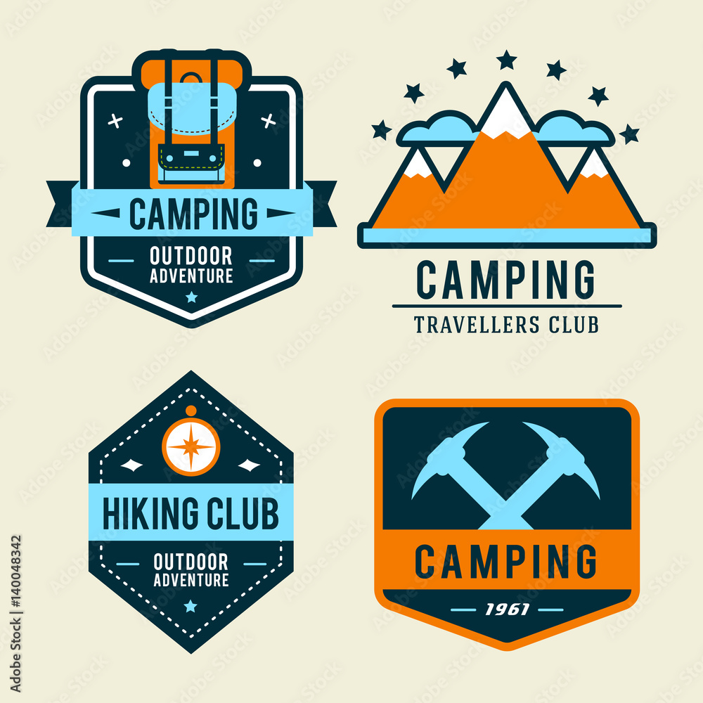 Fototapeta Camping flat set with hiking equipment vector logo