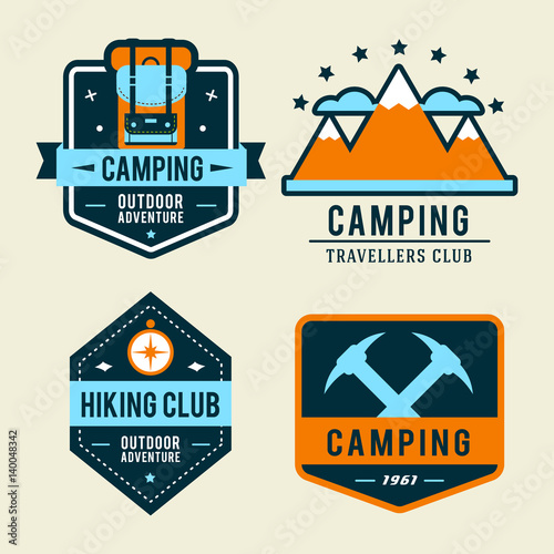 Camping flat set with hiking equipment vector logo